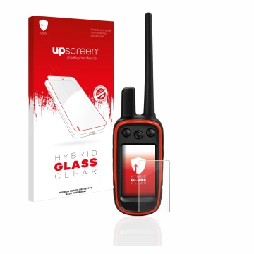 Vorderseite einer Produktverpackung mit dem Markenlogo upscreen. Daneben ist das Gerät Garmin Alpha 100 mit dem zugehörigen Di