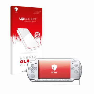 Vorderseite einer Produktverpackung mit dem Markenlogo upscreen. Daneben ist das Gerät Sony PSP 2004 mit dem zugehörigen Displ
