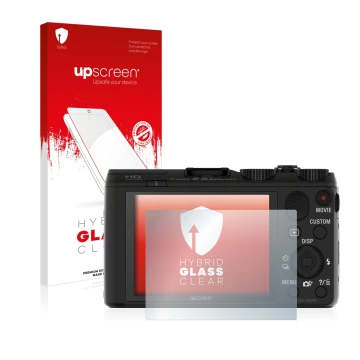 Vorderseite einer Produktverpackung mit dem Markenlogo upscreen. Daneben ist das Gerät Sony Cyber-Shot DSC-HX50 mit dem zugehö
