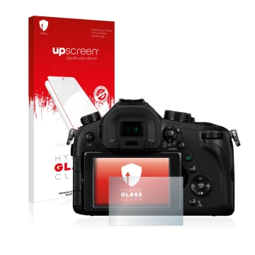 Vorderseite einer Produktverpackung mit dem Markenlogo upscreen. Daneben ist das Gerät Panasonic Lumix DMC-FZ1000 mit dem zuge