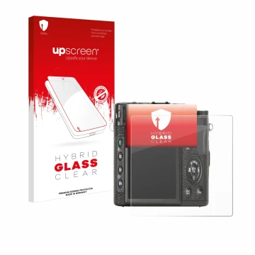 Vorderseite einer Produktverpackung mit dem Markenlogo upscreen. Daneben ist das Gerät Fujifilm X10 mit dem zugehörigen Displa