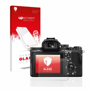 Vorderseite einer Produktverpackung mit dem Markenlogo upscreen. Daneben ist das Gerät Sony Alpha 7 II (ILCE-7M2) mit dem zuge