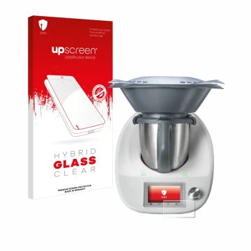 Vorderseite einer Produktverpackung mit dem Markenlogo upscreen. Daneben ist das Gerät Vorwerk Thermomix TM5 mit dem zugehörig