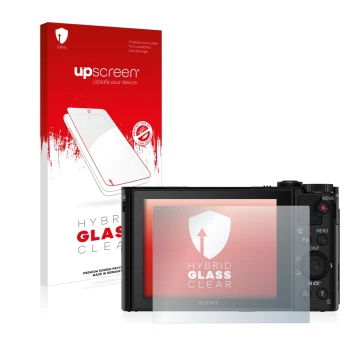Vorderseite einer Produktverpackung mit dem Markenlogo upscreen. Daneben ist das Gerät Sony Cyber-Shot DSC-WX500 mit dem zugeh