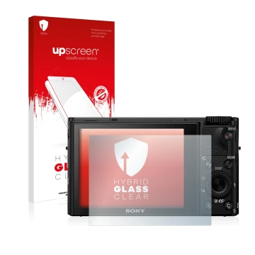 Vorderseite einer Produktverpackung mit dem Markenlogo upscreen. Daneben ist das Gerät Sony Cyber-Shot DSC-RX100 IV mit dem zu