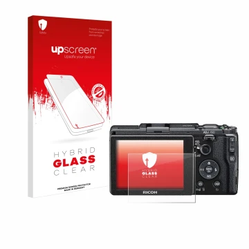 Vorderseite einer Produktverpackung mit dem Markenlogo upscreen. Daneben ist das Gerät Ricoh GR II 2015 mit dem zugehörigen Di