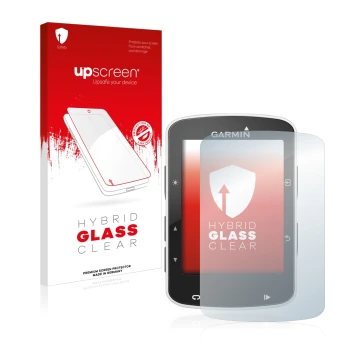 Vorderseite einer Produktverpackung mit dem Markenlogo upscreen. Daneben ist das Gerät Garmin Edge 520 mit dem zugehörigen Dis