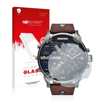 Vorderseite einer Produktverpackung mit dem Markenlogo upscreen. Daneben ist das Gerät Diesel DZ7314 Mr. Daddy mit dem zugehör