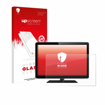 Vorderseite einer Produktverpackung mit dem Markenlogo upscreen. Daneben ist das Gerät mit dem zugehörigen Displayschutz abgeb