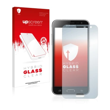 Vorderseite einer Produktverpackung mit dem Markenlogo upscreen. Daneben ist das Gerät Samsung Galaxy J3 Duos 2016 mit dem zug