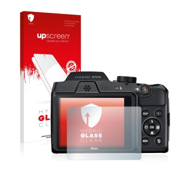 Vorderseite einer Produktverpackung mit dem Markenlogo upscreen. Daneben ist das Gerät Nikon Coolpix B500 mit dem zugehörigen 