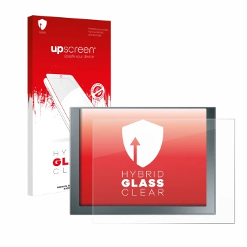 Vorderseite einer Produktverpackung mit dem Markenlogo upscreen. Daneben ist das Gerät Siemens Simatic HMI KTP 1200 Basic mit 