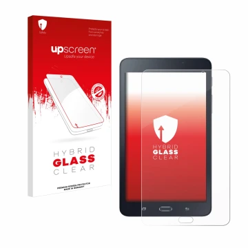 Vorderseite einer Produktverpackung mit dem Markenlogo upscreen. Daneben ist das Gerät Samsung Galaxy Tab A6 7.0 mit dem zugeh