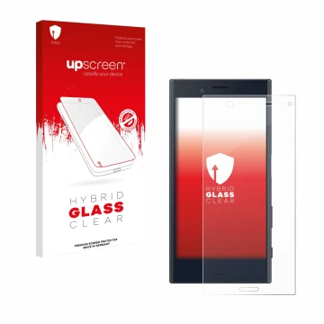 Vorderseite einer Produktverpackung mit dem Markenlogo upscreen. Daneben ist das Gerät Sony Xperia X Compact mit dem zugehörig