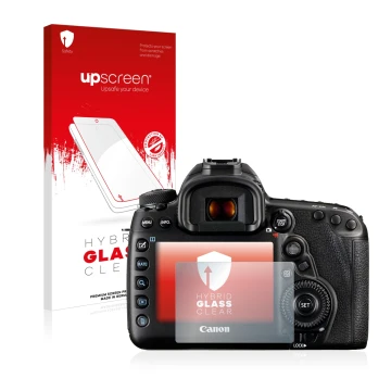 Vorderseite einer Produktverpackung mit dem Markenlogo upscreen. Daneben ist das Gerät Canon EOS 5D Mark IV mit dem zugehörige