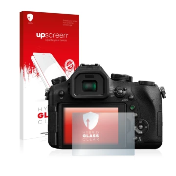 Vorderseite einer Produktverpackung mit dem Markenlogo upscreen. Daneben ist das Gerät Panasonic Lumix DMC-FZ2000 mit dem zuge