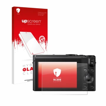 Vorderseite einer Produktverpackung mit dem Markenlogo upscreen. Daneben ist das Gerät Panasonic Lumix DMC-LX15 mit dem zugehö