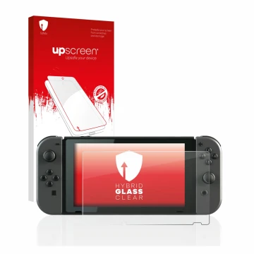 Vorderseite einer Produktverpackung mit dem Markenlogo upscreen. Daneben ist das Gerät Nintendo Switch mit dem zugehörigen Dis