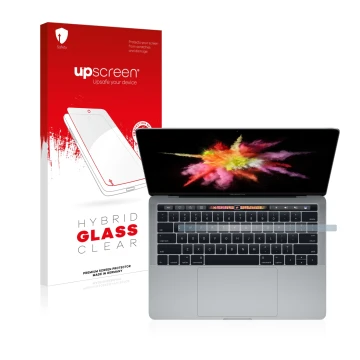 Vorderseite einer Produktverpackung mit dem Markenlogo upscreen. Daneben ist das Gerät Apple MacBook Pro 13