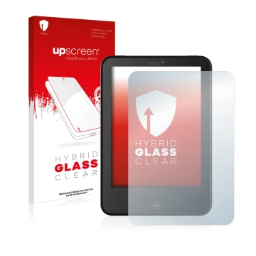 Vorderseite einer Produktverpackung mit dem Markenlogo upscreen. Daneben ist das Gerät Tolino Vision 4 HD mit dem zugehörigen 