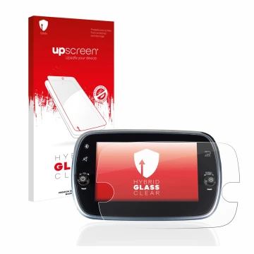 Vorderseite einer Produktverpackung mit dem Markenlogo upscreen. Daneben ist das Gerät Fiat 500 Abarth Uconnet 7