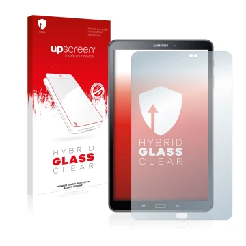 Vorderseite einer Produktverpackung mit dem Markenlogo upscreen. Daneben ist das Gerät Samsung Galaxy Tab A 10.1 2016 mit dem 