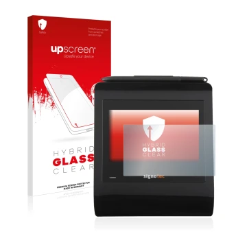 Vorderseite einer Produktverpackung mit dem Markenlogo upscreen. Daneben ist das Gerät Signotec Signature Pad Gamma mit dem zu