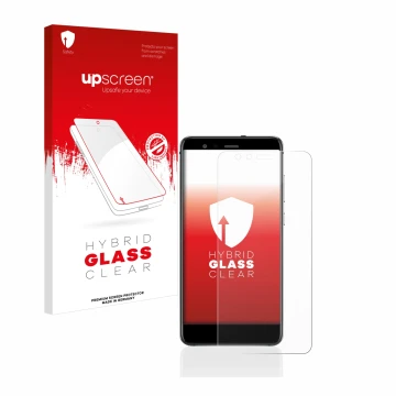Vorderseite einer Produktverpackung mit dem Markenlogo upscreen. Daneben ist das Gerät Huawei P10 Lite mit dem zugehörigen Dis