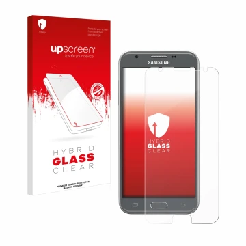 Vorderseite einer Produktverpackung mit dem Markenlogo upscreen. Daneben ist das Gerät Samsung Galaxy J3 2017 mit dem zugehöri