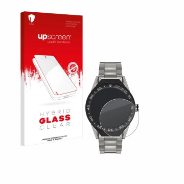 Vorderseite einer Produktverpackung mit dem Markenlogo upscreen. Daneben ist das Gerät TAG Heuer Connected Modular 45 mit dem 