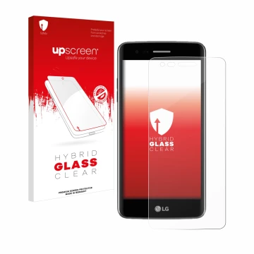 Vorderseite einer Produktverpackung mit dem Markenlogo upscreen. Daneben ist das Gerät LG K8 2017 mit dem zugehörigen Displays