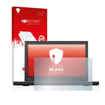 Vorderseite einer Produktverpackung mit dem Markenlogo upscreen. Daneben ist das Gerät Lenovo ThinkPad X270 mit dem zugehörige