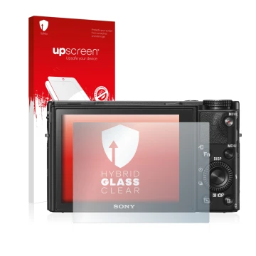 Vorderseite einer Produktverpackung mit dem Markenlogo upscreen. Daneben ist das Gerät Sony Cyber-Shot DSC-RX100 V mit dem zug