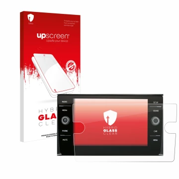 Vorderseite einer Produktverpackung mit dem Markenlogo upscreen. Daneben ist das Gerät Volkswagen Composition Media 2017 mit d