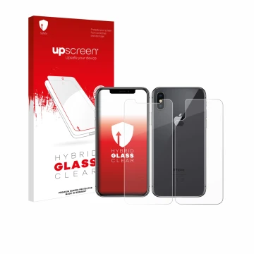 Vorderseite einer Produktverpackung mit dem Markenlogo upscreen. Daneben ist das Gerät Apple iPhone X (Display+Rückseite) mit 