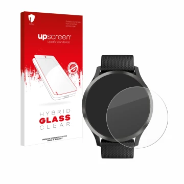 Vorderseite einer Produktverpackung mit dem Markenlogo upscreen. Daneben ist das Gerät Garmin vivomove HR mit dem zugehörigen 