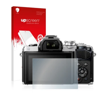 Vorderseite einer Produktverpackung mit dem Markenlogo upscreen. Daneben ist das Gerät Olympus OM-D E-M10 Mark III mit dem zug