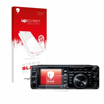 Vorderseite einer Produktverpackung mit dem Markenlogo upscreen. Daneben ist das Gerät Yaesu FT-991A mit dem zugehörigen Displ