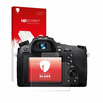 Vorderseite einer Produktverpackung mit dem Markenlogo upscreen. Daneben ist das Gerät Sony Cyber-Shot DSC-RX10 IV mit dem zug