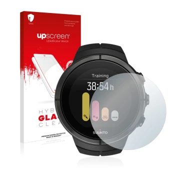 Vorderseite einer Produktverpackung mit dem Markenlogo upscreen. Daneben ist das Gerät Suunto Spartan Ultra mit dem zugehörige