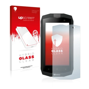 Vorderseite einer Produktverpackung mit dem Markenlogo upscreen. Daneben ist das Gerät Crosscall Trekker M1 Core mit dem zugeh