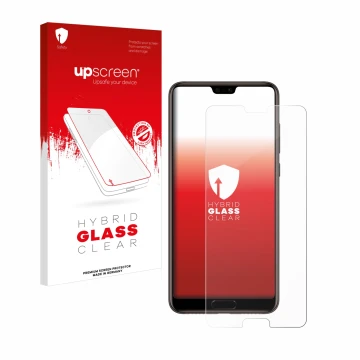 Vorderseite einer Produktverpackung mit dem Markenlogo upscreen. Daneben ist das Gerät Huawei P20 mit dem zugehörigen Displays
