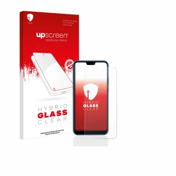 Vorderseite einer Produktverpackung mit dem Markenlogo upscreen. Daneben ist das Gerät Huawei P20 lite 2018 mit dem zugehörige