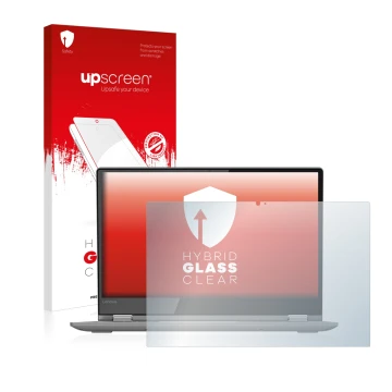 Vorderseite einer Produktverpackung mit dem Markenlogo upscreen. Daneben ist das Gerät Lenovo Yoga 530 mit dem zugehörigen Dis