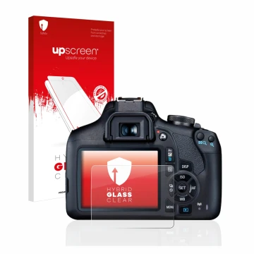 Vorderseite einer Produktverpackung mit dem Markenlogo upscreen. Daneben ist das Gerät Canon EOS 2000D mit dem zugehörigen Dis