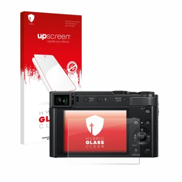 Vorderseite einer Produktverpackung mit dem Markenlogo upscreen. Daneben ist das Gerät Panasonic Lumix DC-TZ202 mit dem zugehö
