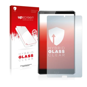 Vorderseite einer Produktverpackung mit dem Markenlogo upscreen. Daneben ist das Gerät Huawei MediaPad M5 8.4 mit dem zugehöri