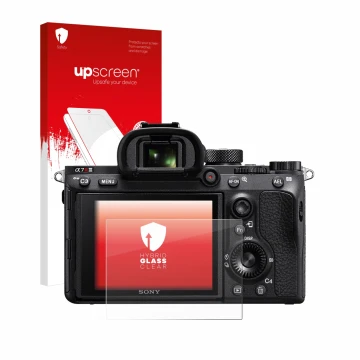 Vorderseite einer Produktverpackung mit dem Markenlogo upscreen. Daneben ist das Gerät Sony Alpha 7R III mit dem zugehörigen D