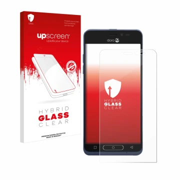 Vorderseite einer Produktverpackung mit dem Markenlogo upscreen. Daneben ist das Gerät Doro 8035 mit dem zugehörigen Displaysc