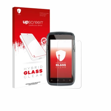 Vorderseite einer Produktverpackung mit dem Markenlogo upscreen. Daneben ist das Gerät Honeywell Dolphin CT60 mit dem zugehöri